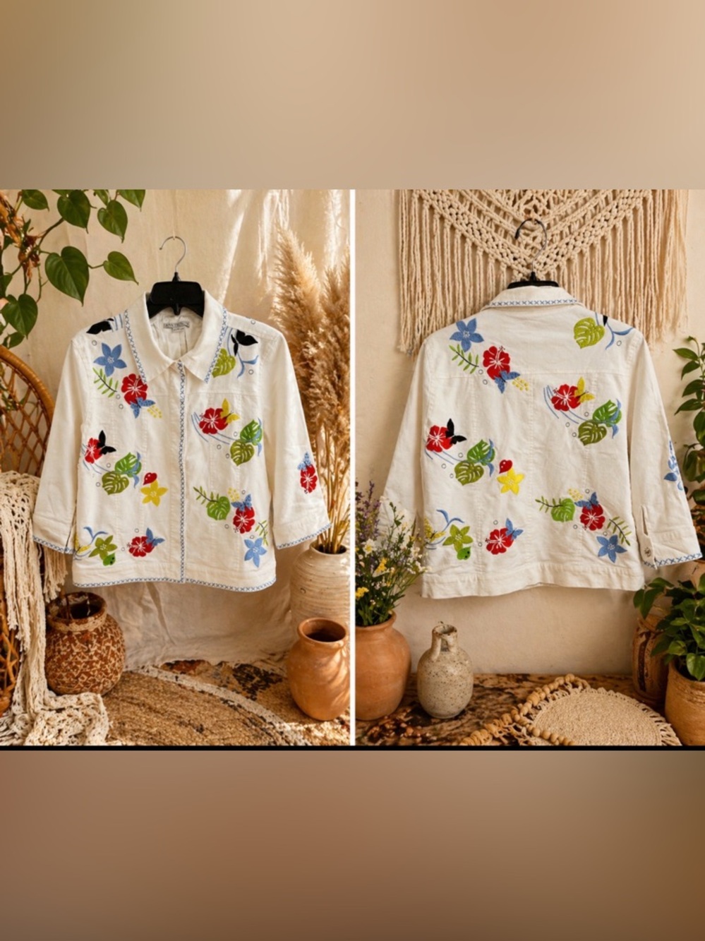 Vintage Ann trinity White Embroidered Floral Jean Jacket size xl